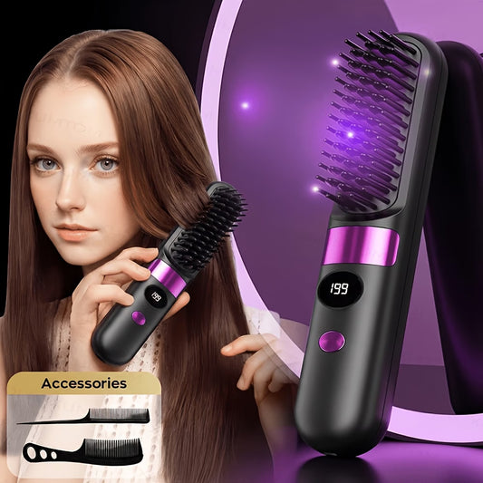 Cordless Hair Straightening Brush, (BLACK & PURPLE)