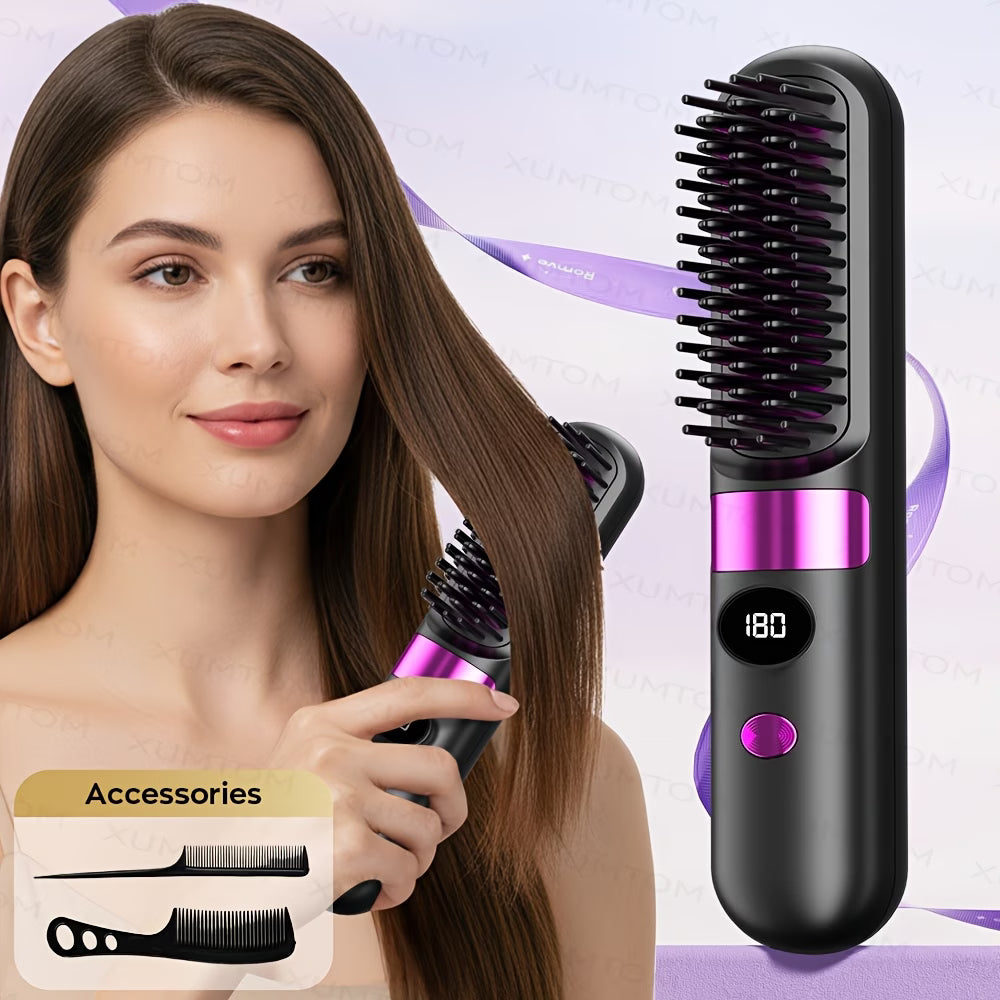 Cordless Hair Straightening Brush, (BLACK & PURPLE)
