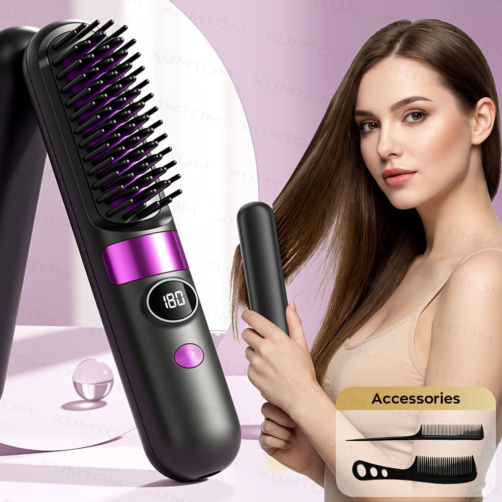 Cordless Hair Straightening Brush, (BLACK & PURPLE)