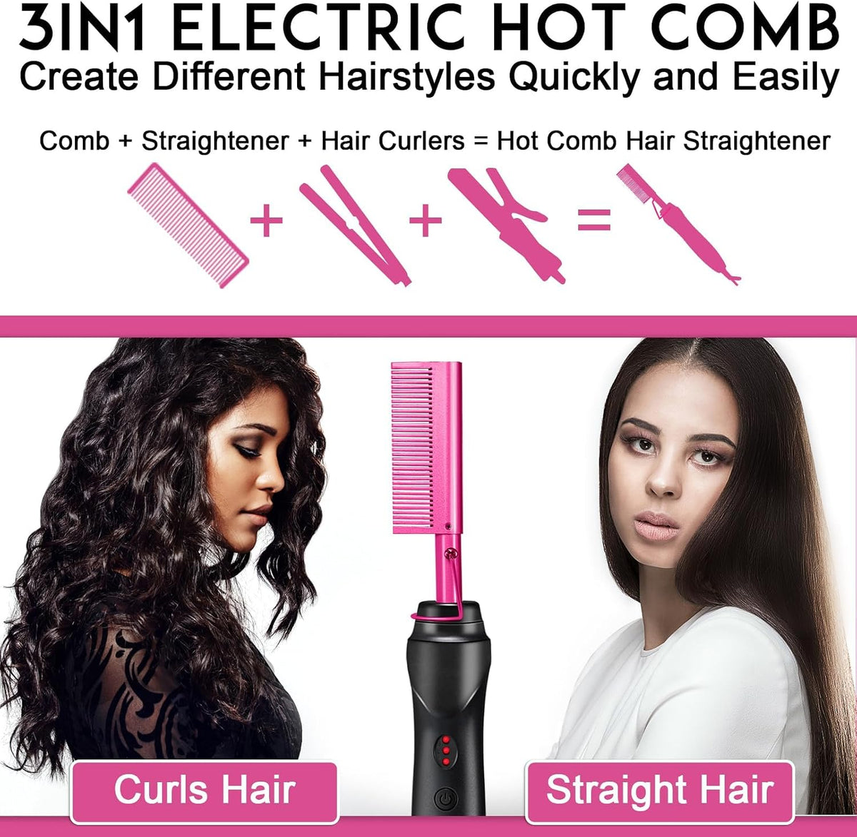 Ceramic Heating Hair Straightener Comb -(Pink)