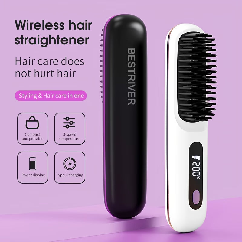 Portable Wireless Hair Straightener Brush(WHITE)